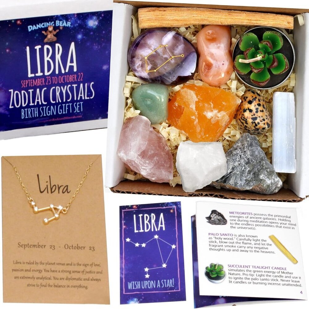 Libra Zodiac Healing Crystals Gift Set 14 Pc: 9 Stones, 18K Gold-Plated Constell